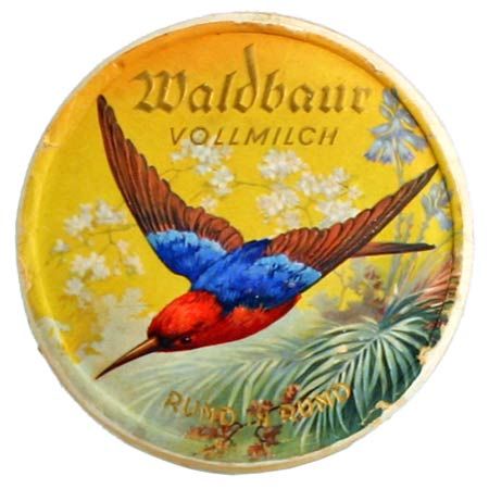 Runde Pappschachtel von Waldbaur, für Vollmilchschokolade, Vorderseite