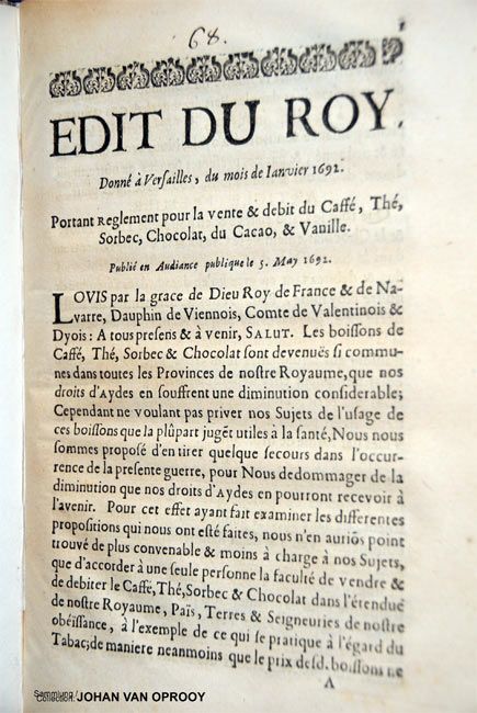 1. Gesetz über Schokolade in Frankreich, 1692