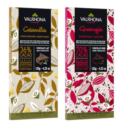 Neue Gourmet Tafelschokoladen von Valrhona. Guanaja mit Kakaobrösel und Caramelia mit Knusperperlen Neue Gourmet Tafelschokoladen von Valrhona. Guanaja mit Kakaobrösel und Caramelia mit Knusperperlen