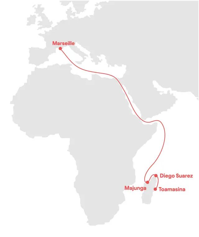 Die geplante Route zwischen Madagaskar und Frankreich.