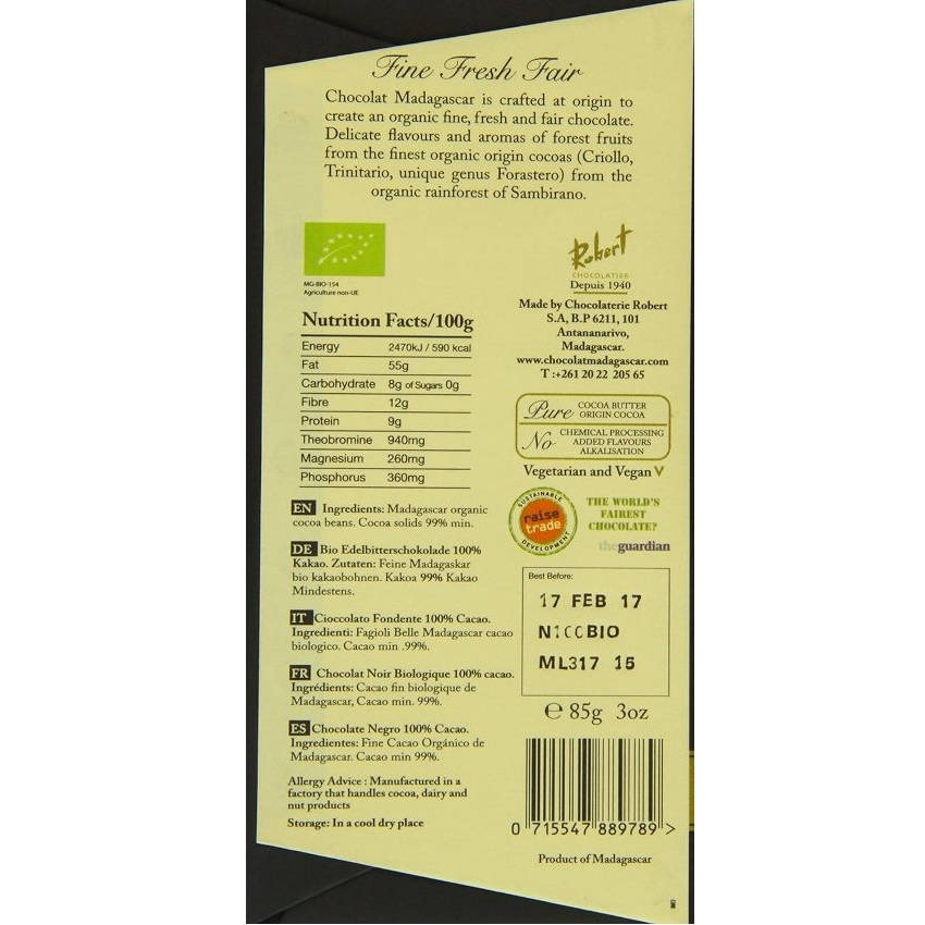 Rückseite der Bio 100% Kakao Tafel von Chocolat Madagascar