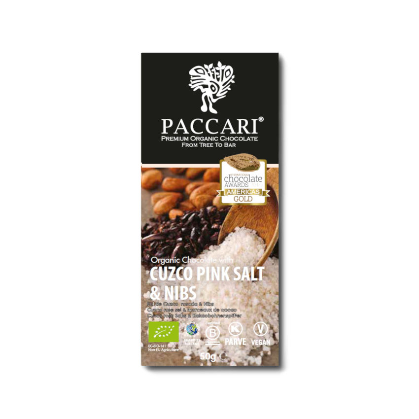 Bio Schokolade Paccari mit Cuzco Pink Salz & Nibs, 60% Kakao